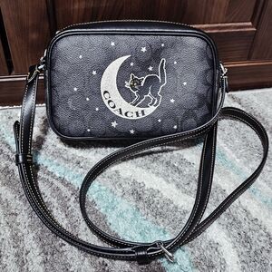 Coach Mini Jamie Crossbody Bag Purse Black Cat Halloween Moon Leather Sig CY349